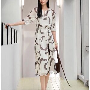 Sheer Silk White Midi Dress with Taupe Abstract Print and Tassel Tie